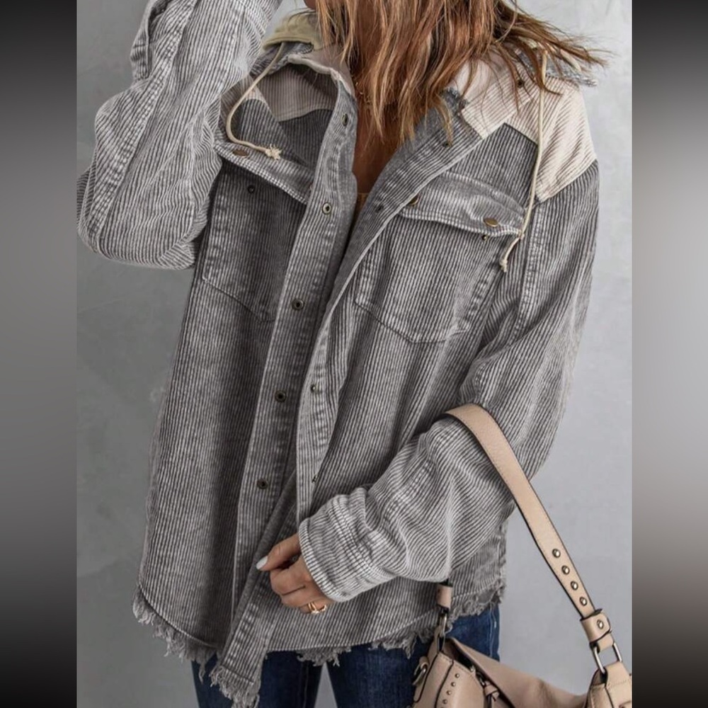 Cozy Corduroy Hoodie Jacket Shacket Button Down Shirt - Picture 13 of 16